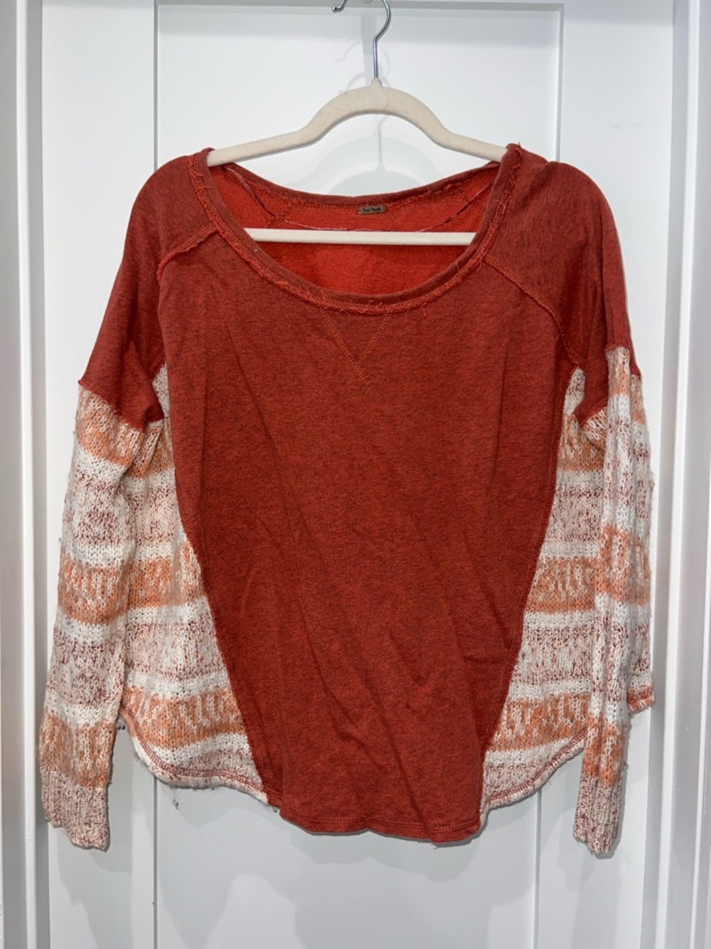 Free People Rust Orange Pullover with Cream & Light Orange Striped Sleeves